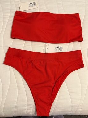 mandee Red Ribbed Bandeau Bikini Top & High-Cut Bottoms